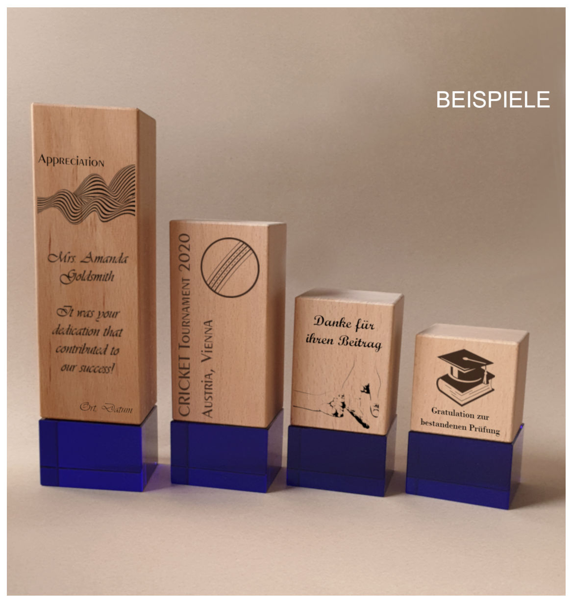 Glaspokale mit Gravur, Glastrophäen, Glasawards, 3D Foto Glasgravur, Pokale:  Holztrophe Cobalt