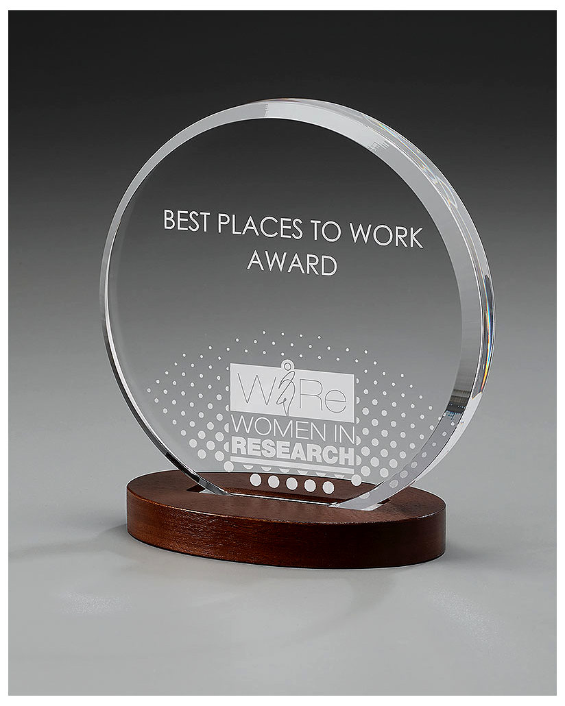 Glaspokale mit Gravur, Glastrophäen, Glasawards, 3D Foto Glasgravur, Pokale:  Acrylglaspokal Wooden-Round-Award